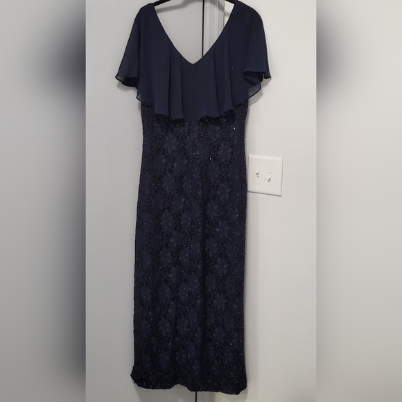 16592 Navy Blue Sequined Tassel Belt Column Dress